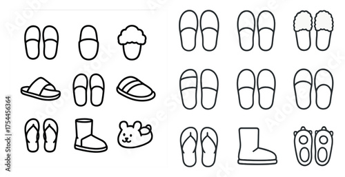 Footwear silhouette icons set – slippers, sandals, comfy shoe symbols