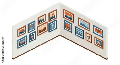 Isometric art gallery room with framed paintings on display walls