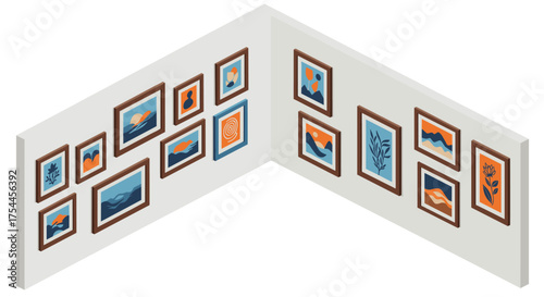 Isometric art gallery wall with framed modern abstract paintings and photographs