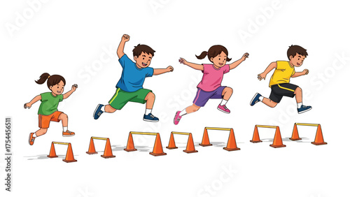 Kids Running Hurdles: Vibrant illustration captures kids sprinting with enthusiasm. overcoming obstacles during an exercise, promoting a sense of accomplishment and healthy competition.