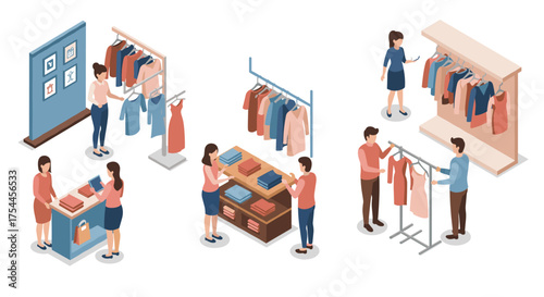 Isometric shopping scenes with people browsing and choosing clothes in a modern store