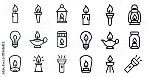 Lighting and illumination line icons set – outline, lamp, torch symbols