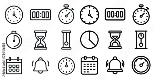 Time management outline icons set – clocks, schedules, hourglass symbols