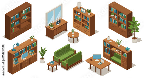 Isometric home office furniture with bookshelves and plants