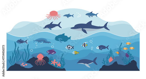Underwater marine life scene with dolphins and fish in flat design