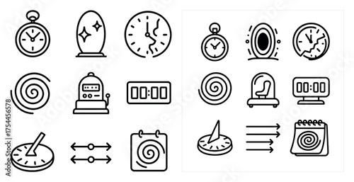 Time and clock outline icons set – linear, silhouette, hour and minute symbols
