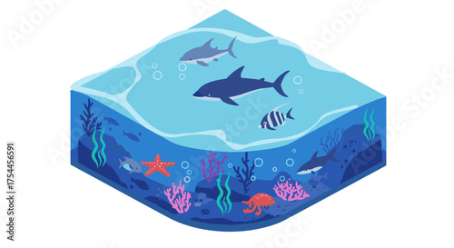 Isometric ocean scene with marine life and coral reefs