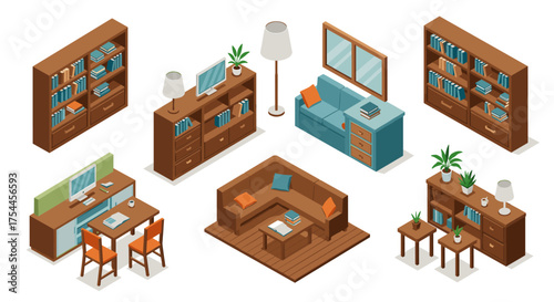 Isometric furniture collection with bookshelves and cozy living room elements