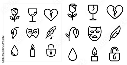 Love and heartbreak line icons set – romantic, outline, emotional symbols