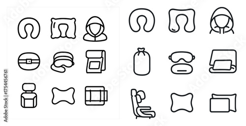 Travel and comfort icons set – outline, line, vacation essentials symbols