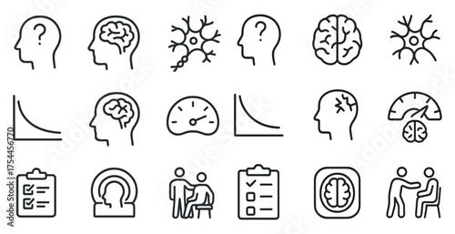 Brain and neurology outline icons set – cognitive, mental health, neuroscience symbols