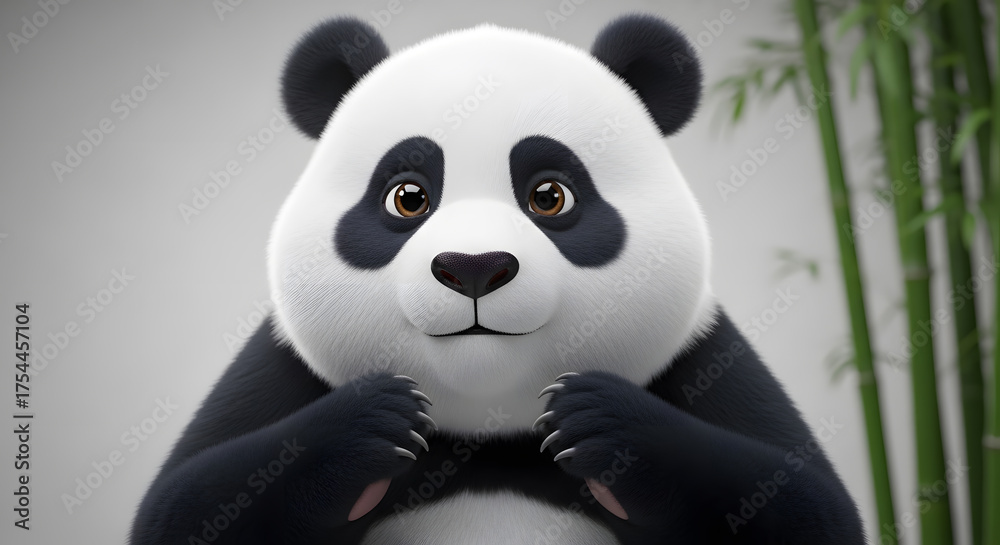 Fototapeta premium Close-up of Cute Chibi Panda Character with Soft Fur, Adorable Cartoon Mascot Portrait