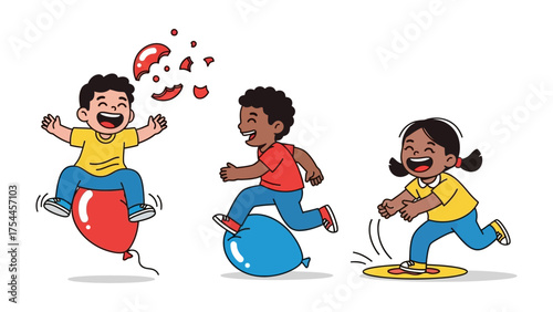 Joyful Games: Three young children burst with glee as they engage in a playful game involving balloons, showcasing pure, unadulterated childhood fun and the simple joys of play.