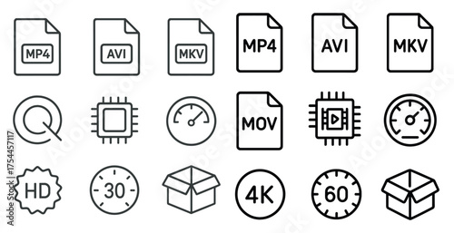 Media and file formats icons set – line, outline, digital and data symbols