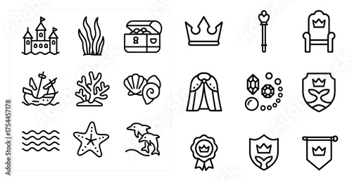 Fantasy and adventure line icons set – linear, outline, mythical quest symbols