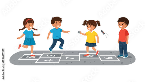 Hopscotch Joy: A vibrant scene of children playing hopscotch, full of laughter and playful energy, capturing the simple joys of childhood.