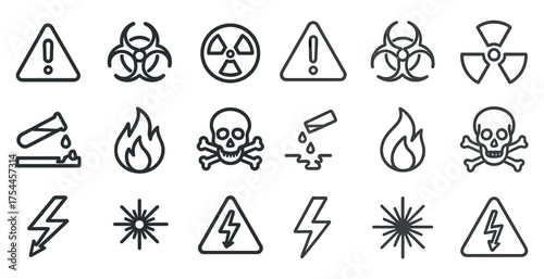 Safety and hazard outline icons set – warning, danger, caution symbols