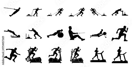 Athletic figures performing various exercises silhouette