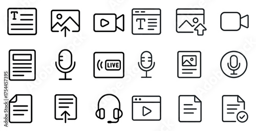 Media and communication outline icons set – linear, line, digital content symbols