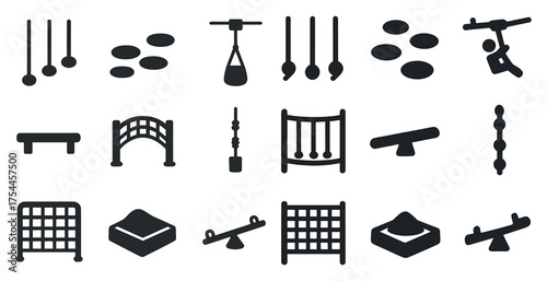 Playground equipment solid icons set – flat, filled, outdoor and activity symbols