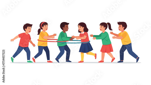Playful Hoop Fun: A delightful gathering of children engages in a spirited game with a colorful hoop, their faces beaming with glee and camaraderie. capturing the pure joy of childhood.