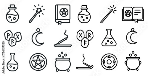 Alchemy and magic outline icons set – linear, mystical, spellcasting symbols