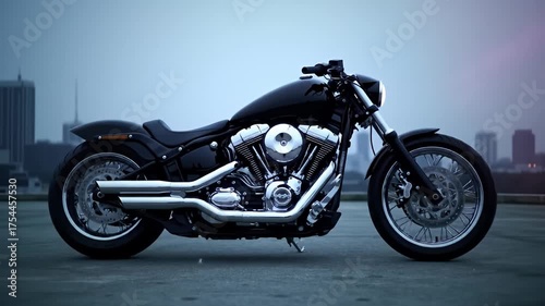 Sleek, black motorcycle with polished chrome engine against a cityscape backdrop