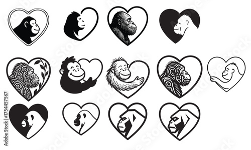 Orangutan Silhouette Vector with Heart Outline Wildlife Conservation Symbol Design