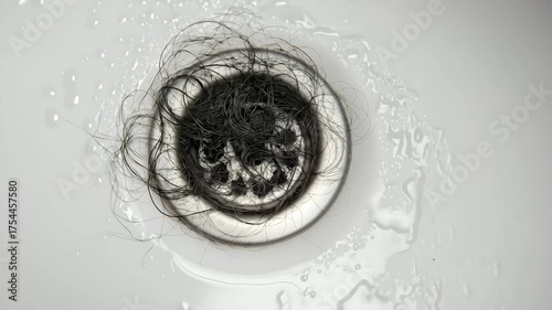 Loose hair tangled on bathroom drain, Clogged hair in the drain hole on a metal mesh. Clogged pipes, Personal hygiene or hair loss issues concept	