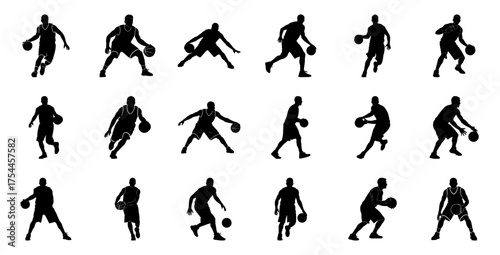 Basketball players dribbling and shooting silhouette
