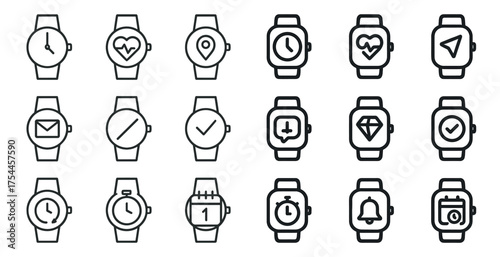 Smartwatch outline icons set – wearable tech, time management symbols