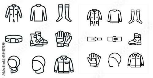 Motorcycle gear outline icons set – linear, wearable, protective accessories
