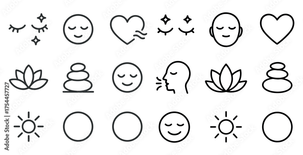 Fototapeta premium Wellness and relaxation outline icons set – calm, peaceful, meditation symbols