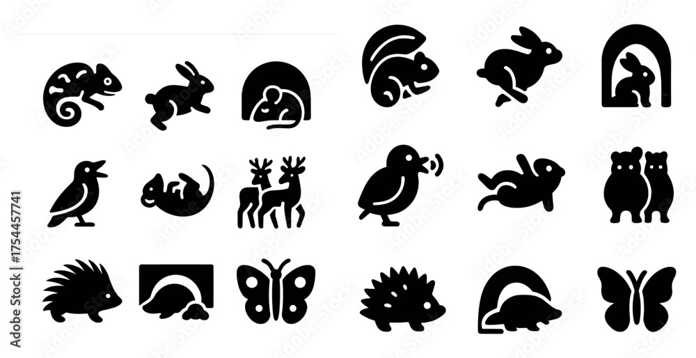 Fototapeta premium Animal solid icons set – filled, silhouette, wildlife and nature symbols