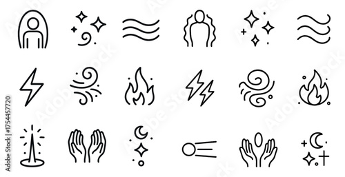 Spiritual and meditation icons set – outline, linear, mindfulness and tranquility symbols