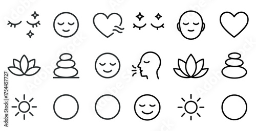 Wellness and relaxation outline icons set – calm, peaceful, meditation symbols