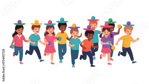 Harmony in Play: A vibrant scene of diverse kids running while balancing the object on their heads, full of energy, laughter and teamwork
