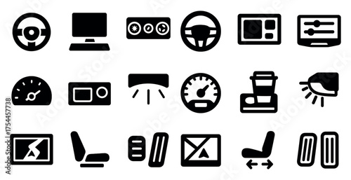 Automotive and car solid icons set – filled, dashboard, vehicle symbols