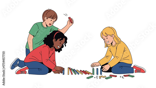 Domino Effect: Three young friends create a captivating domino effect, fostering collaboration and imagination as they build and play together.