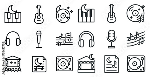 Music and nightlife line icons set – outline, silhouette, audio and party symbols