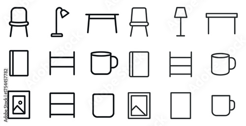 Furniture and home outline icons set – linear, line, decor and design symbols