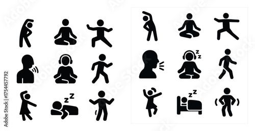 Wellness and mindfulness icons set – solid, health, and relaxation symbols