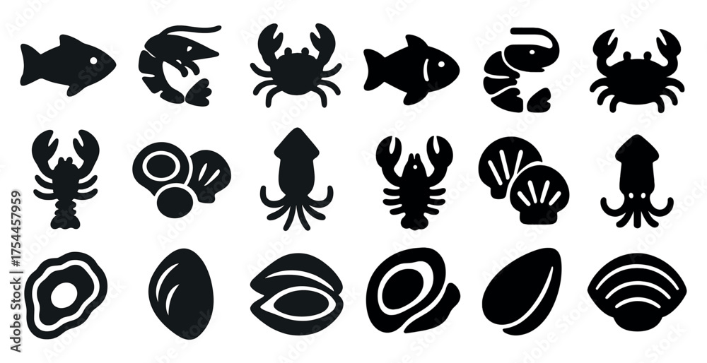 Obraz premium Seafood silhouette icons set – marine, ocean, aquatic symbols for culinary projects