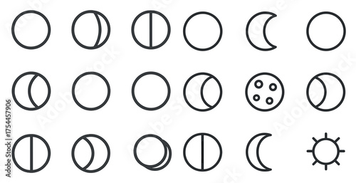 Moon phases outline icons set – flat, lunar, celestial symbols and designs