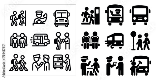Public transport outline icons set – linear, solid, transit and commuting symbols