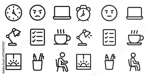 Productivity and work outline icons set – linear, flat, office tools and efficiency symbols