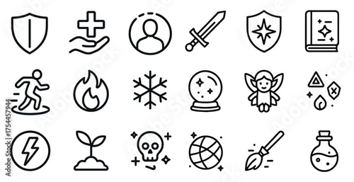 Magic and adventure outline icons set – fantasy, mystical, enchanted symbols