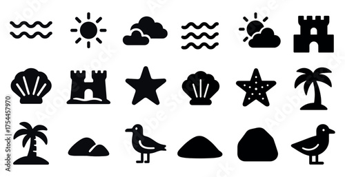 Beach and summer solid icons set – seaside, filled, vacation theme symbols