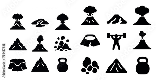 Volcano activities solid icons set – filled, eruption and mountain symbols