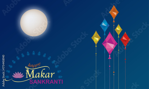 Happy Makar Sankranti Tradizional Indian Festival, group of colorful kites flying blue sky. Banner design, Hindu harvest holiday, celebrated at the winter solstice, vector illustration background